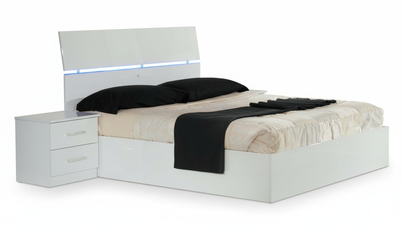 Modern style bedroom set of double bed with LED light & 2x-bedside tables