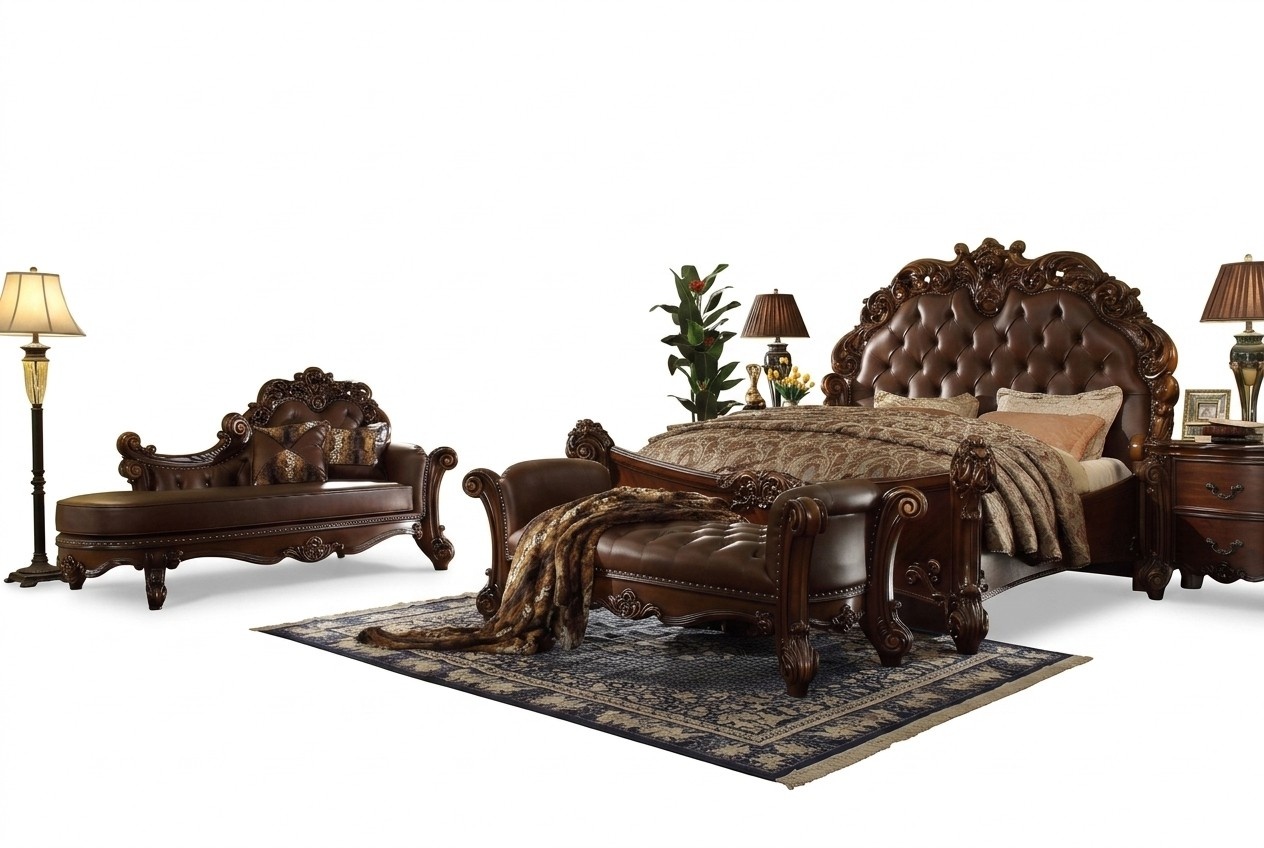 Leather massive double bed in classic baroque style chesterfield design made of real wooden frame