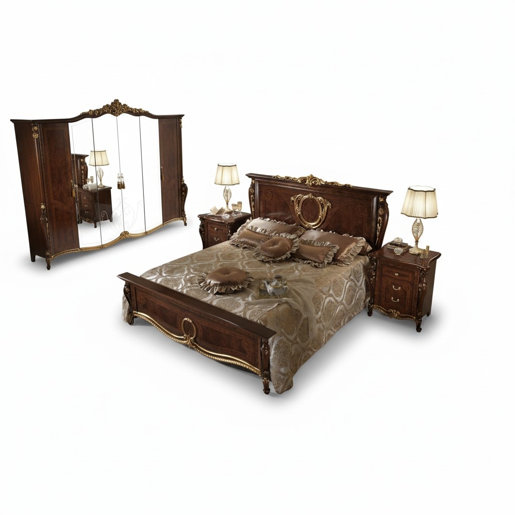 Double bed wood design beds antique style baroque rococo 2x bedside tables new