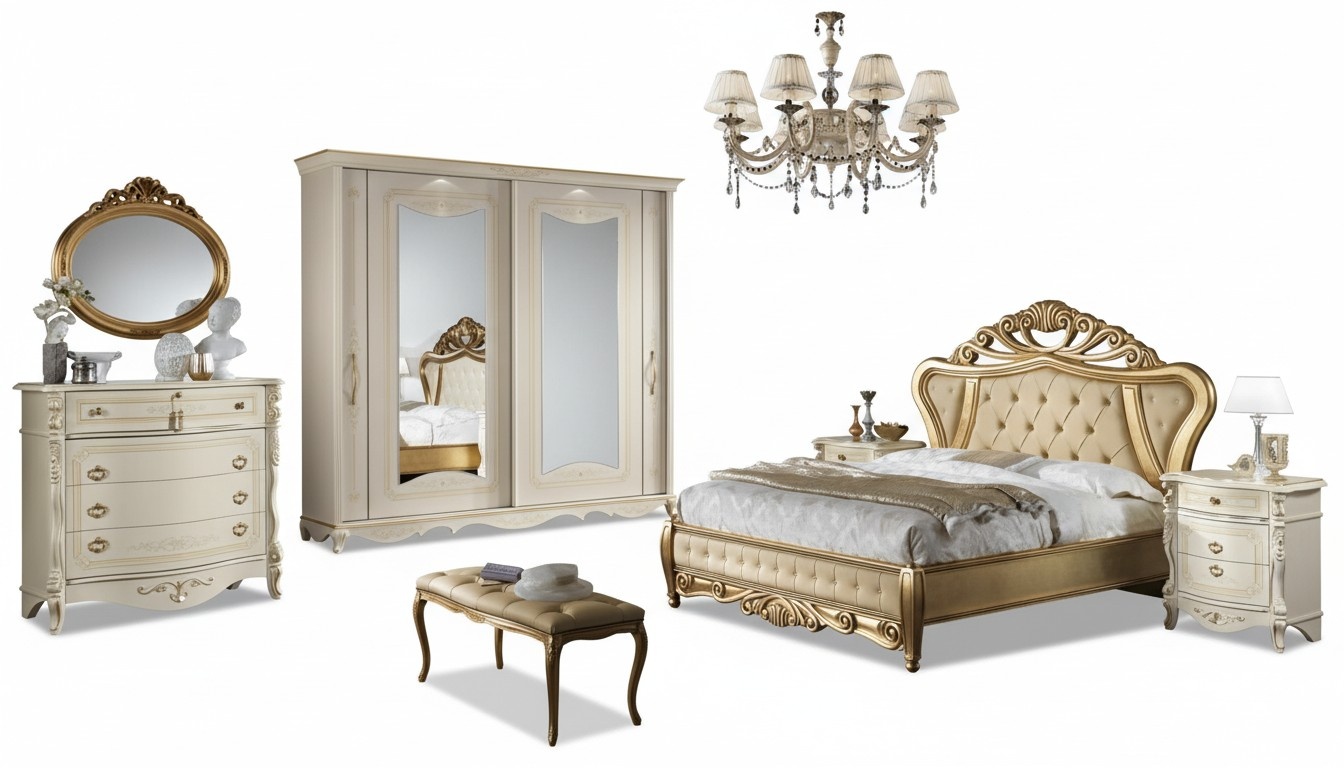 Double bed bedroom furniture closet bedside table with drawers chest of drawers 5 pieces.