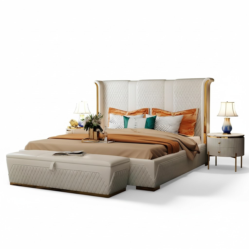 Double bed Classic bed Designer Upholstered Beds Frame Textile Leather White