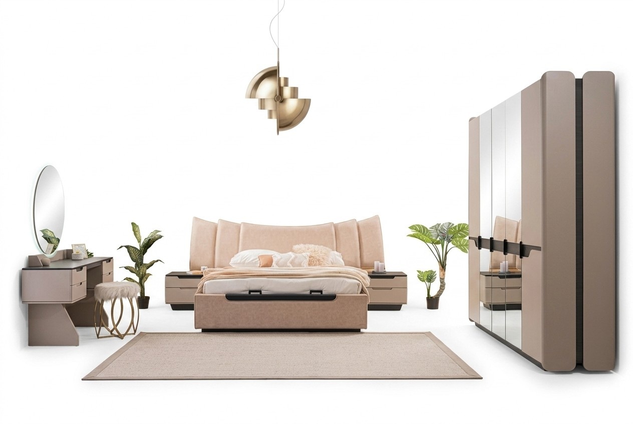 Double Bed Complete Bed Bedroom Modern Beige Set 6 Piece Cabinet