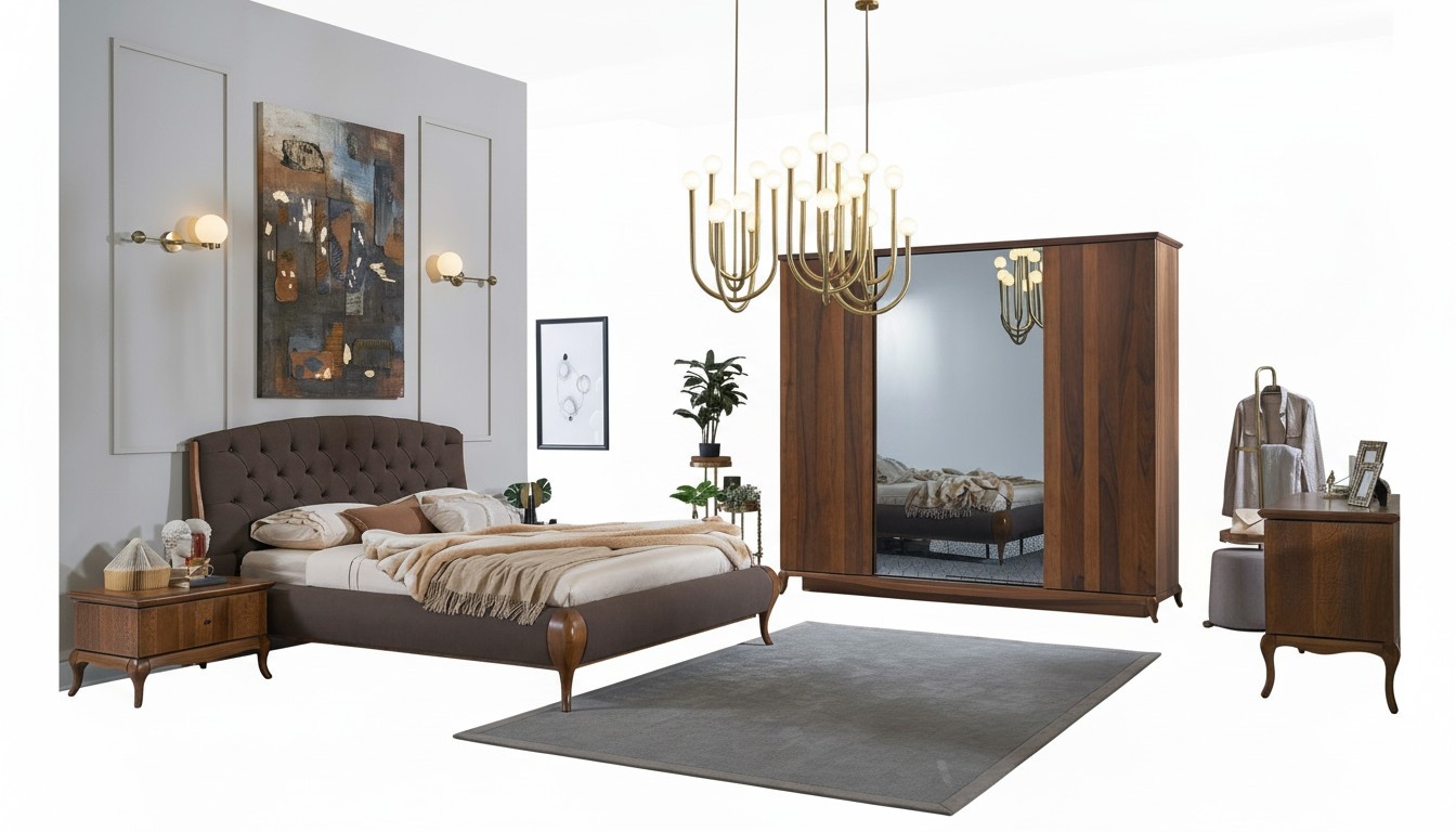Double bed complete bedroom set 4-piece bed frame brown 180