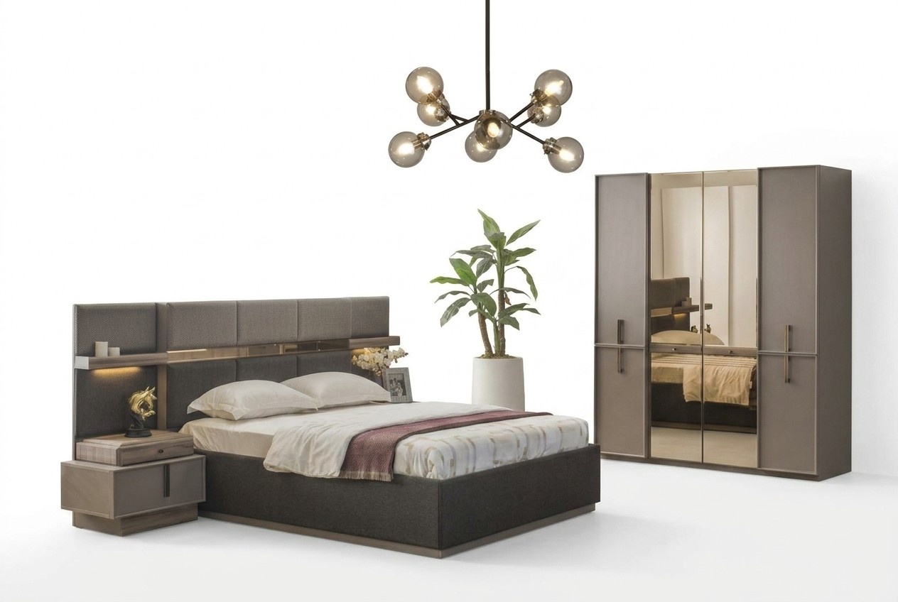 Double bed Complete bedroom bed 4pc grey Bedside tables Wardrobe