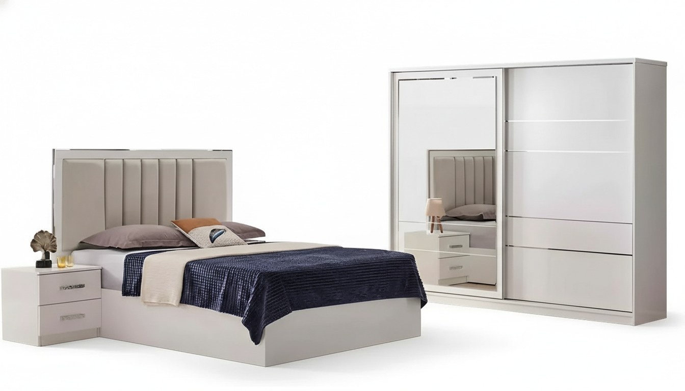 Double bed complete bedroom nightstands bed 4-piece beige wardrobe