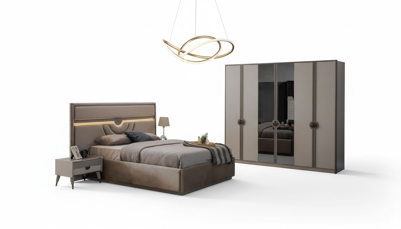 Double bed complete bedroom furniture bed bedside tables beige 4 pieces