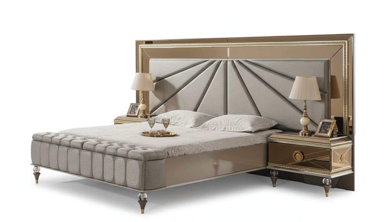 Double bed luxury set bedroom gray bedside tables wood set 3 pieces