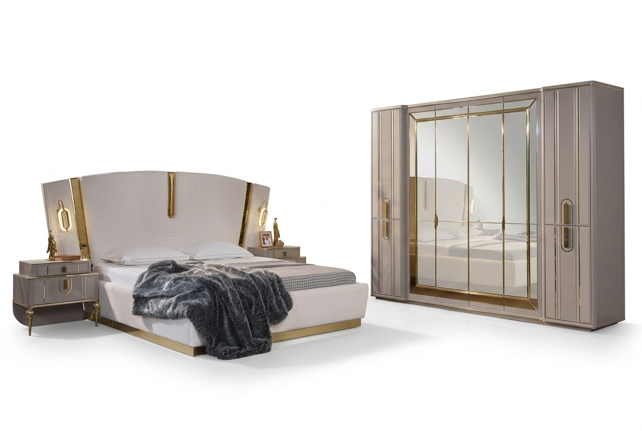 Double bed set bedroom bed bedside tables 4-piece beige cupboard