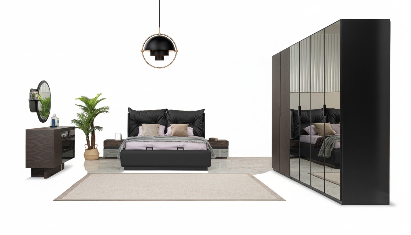 Double bed set bedroom bed bedside tables black set 6 pieces