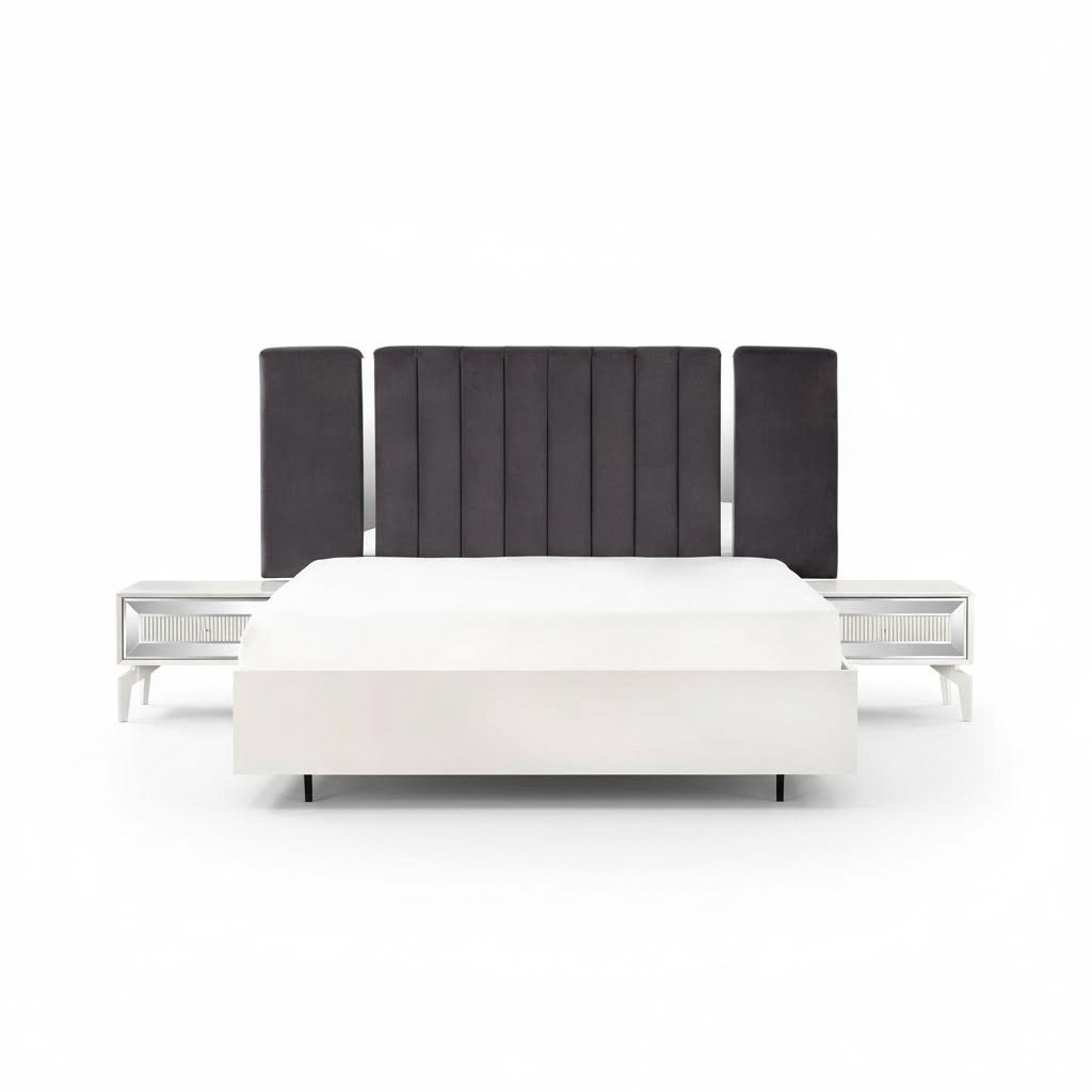 Double bed suite bedroom white bed frame set 3-piece bedside tables