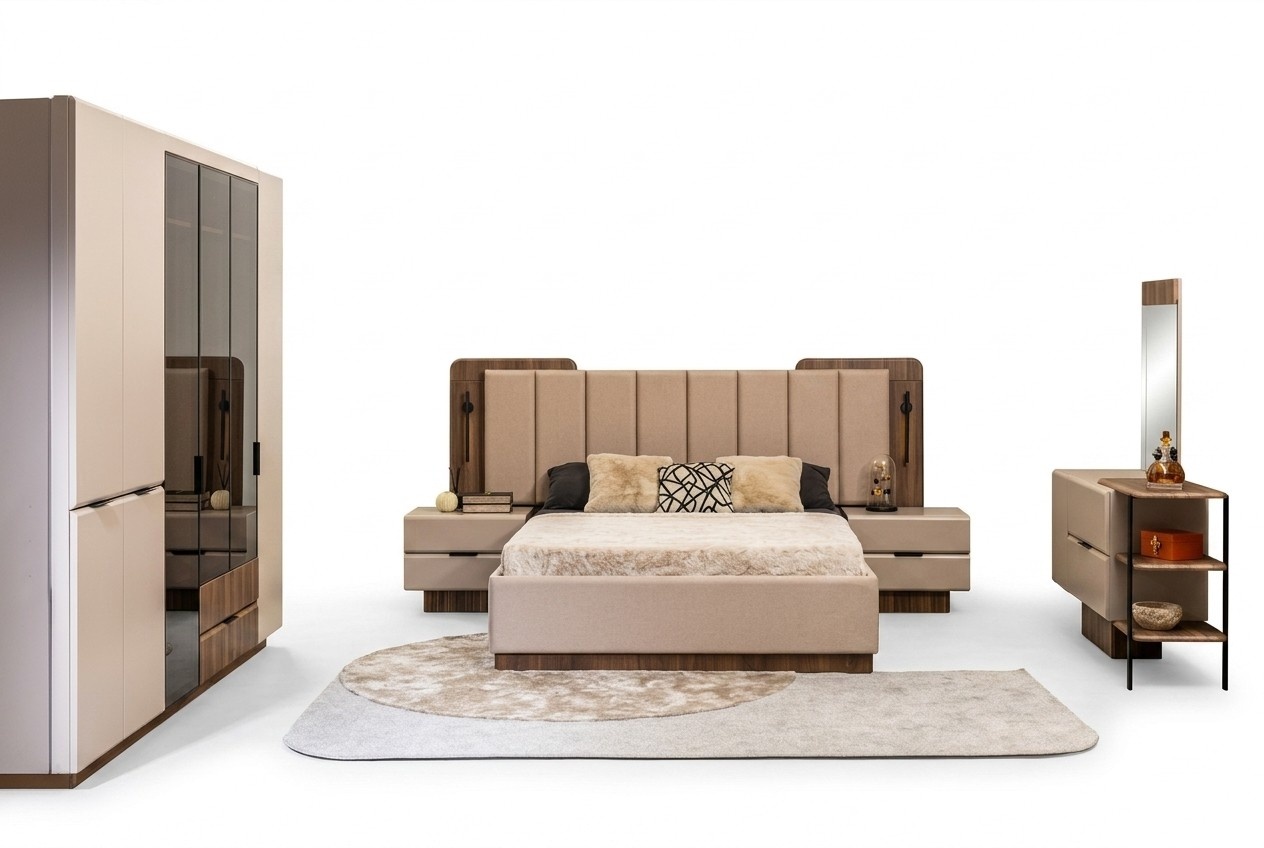 Double bed set bedside tables beige fabric 5pcs make-up wardrobe bed
