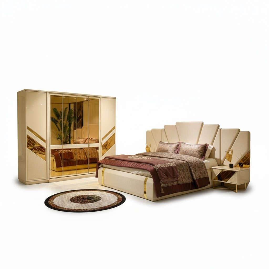 Double bed wardrobe mirror door bedside tables gold beige bedroom 4-piece set
