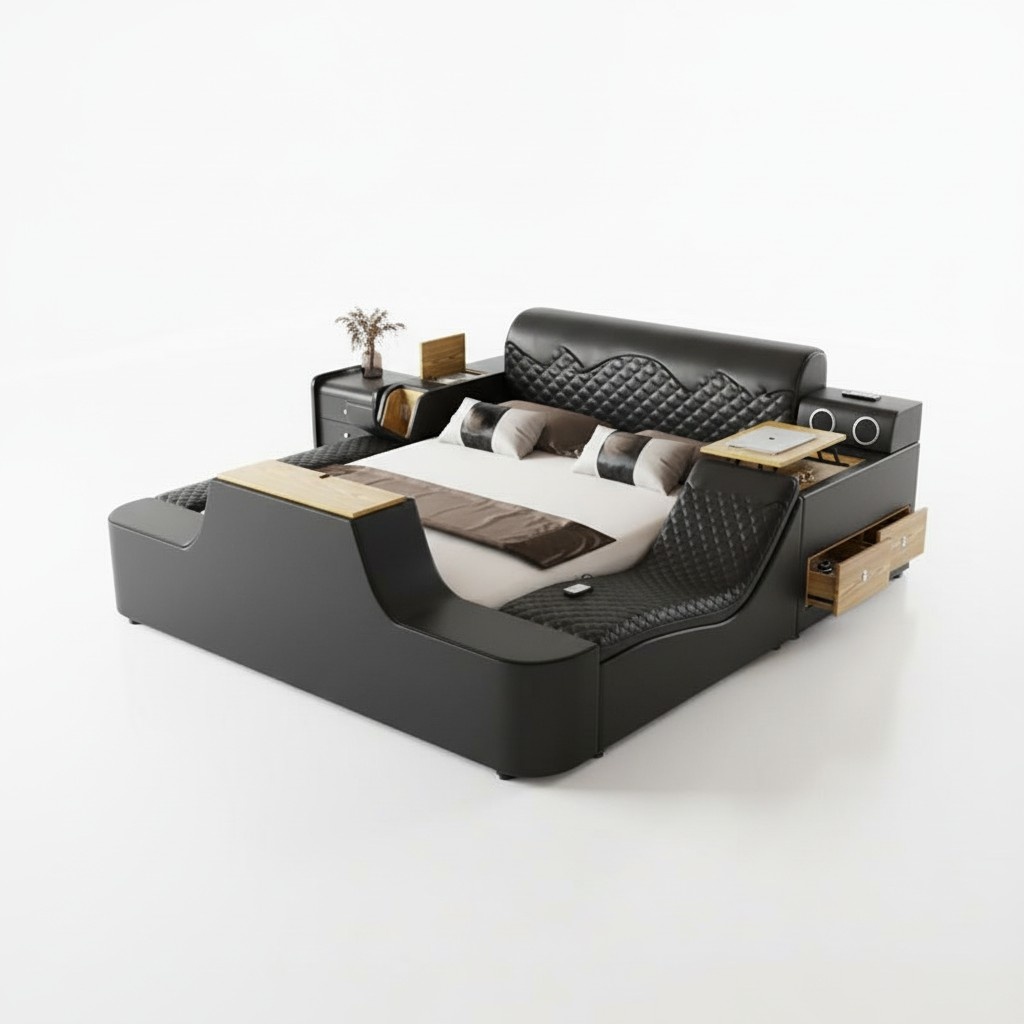 Double Luxury Leather Bed Massage Upholstered Beds Modern Hotel bluetooth