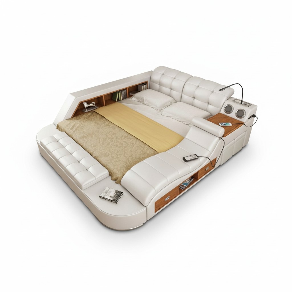 Double Luxury Leather Bed + USB Upholstery Beds Modern Hotel Multifunction Shelf