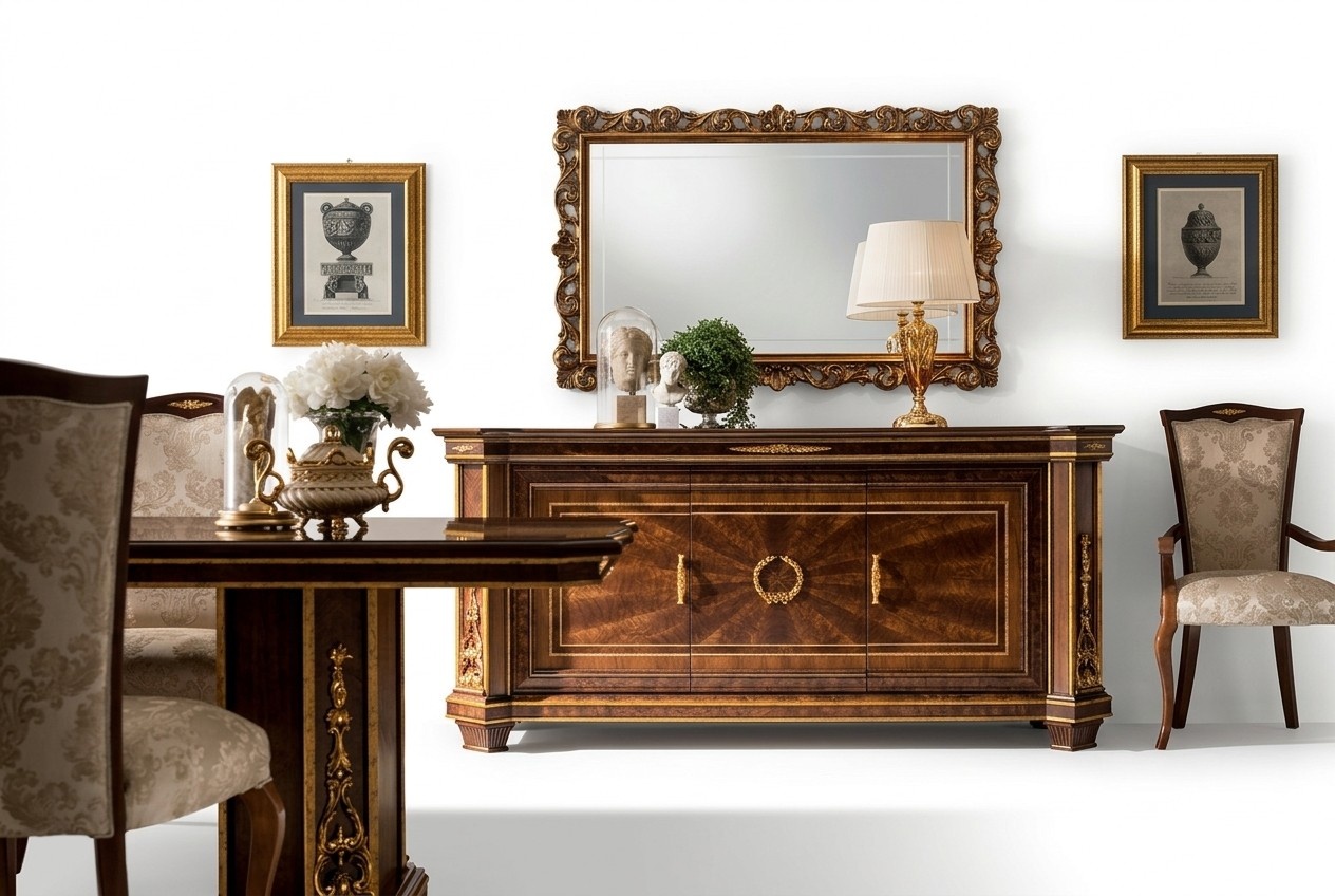 Living room XXL wall unit sideboard with 3x swing doors & mirror made of wood in baroque style