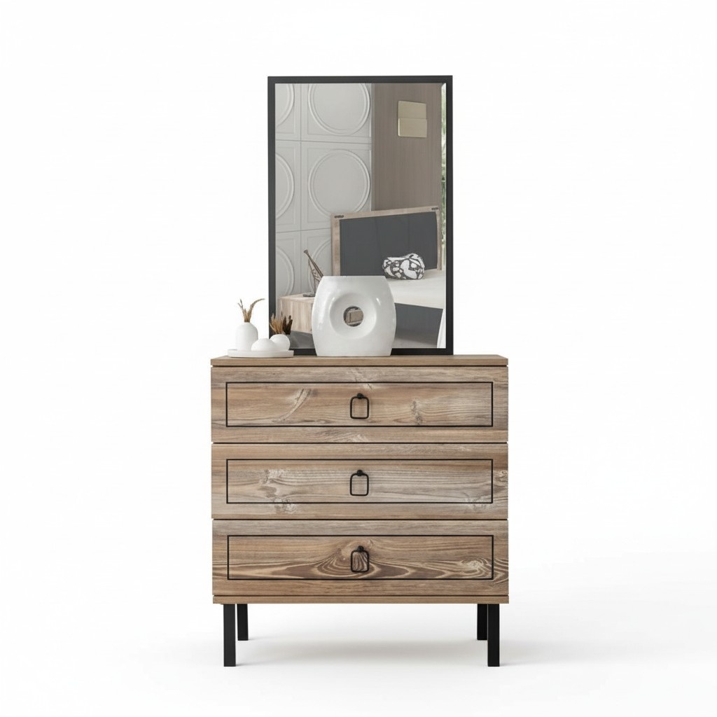 Chest of drawers wood three drawers mirror elegant living children\'s room black furniture