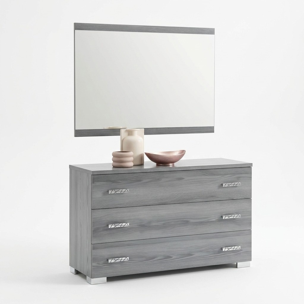 Modern style designer set of chest of 3-sliding drawers & massive mirror made of real wooden frame