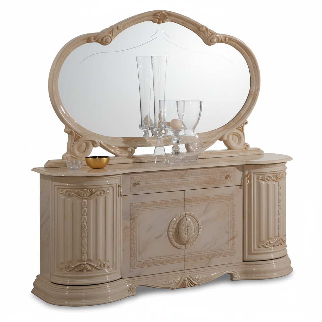 Classic rococo style white made of real wooden dressing table & oval mirror