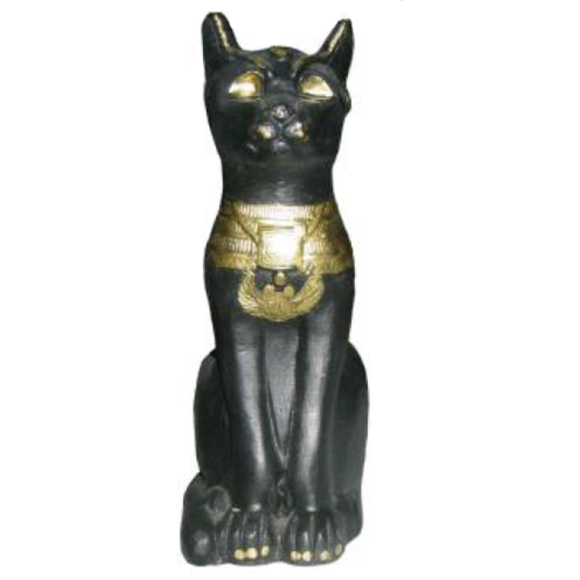 Ancient egyptian decorative figure of black colored miniature cat bastet with a golden scarab necklace 18cm