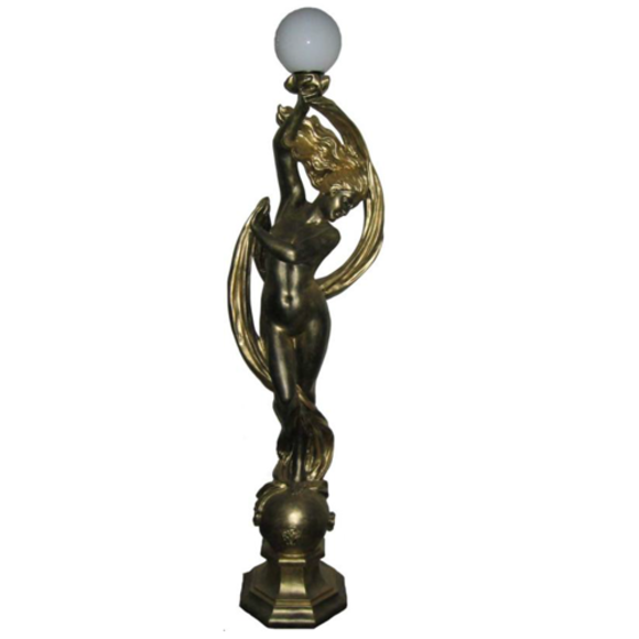 Decorative lamp designed as semi-naked bronze lady sculpture 172cm height