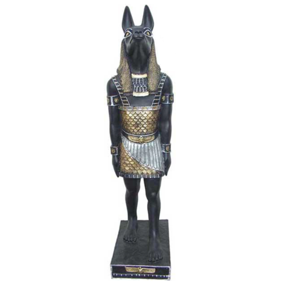 Ancient egyptian decorative sculpture designed as a black colored anubis in a golden suit 100cm