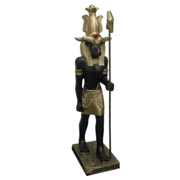 Ancient egyptian decorative figure of brown colored goddess khum with golden decorations 95cm