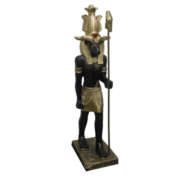 Ancient egyptian decorative figure of brown colored goddess khum with golden decorations 40cm