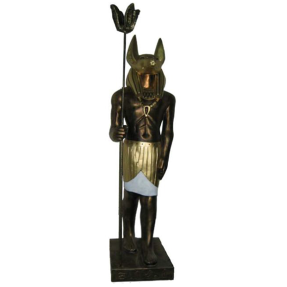 Ancient egyptian decorative sculpture of brown anubis with golden decorations 135 cm