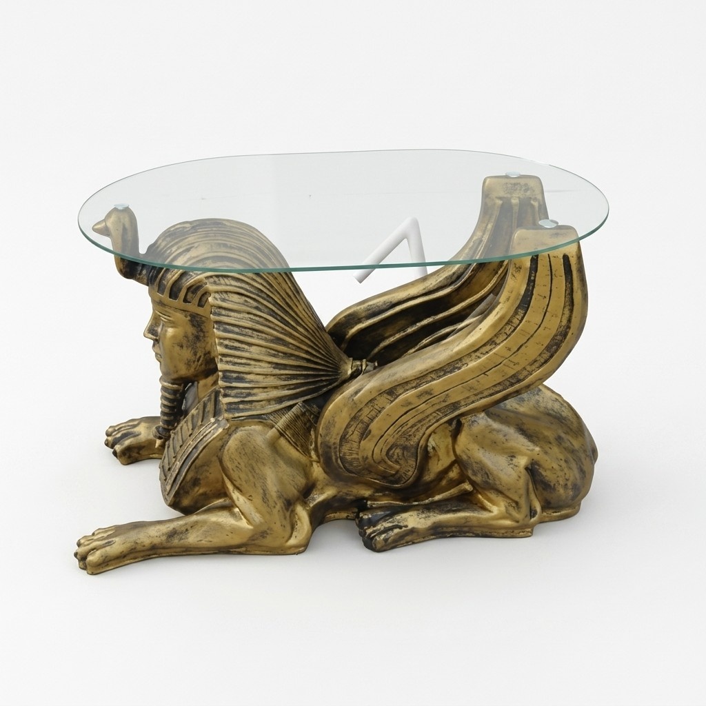 Oval glass coffee table with an ancient golden sphinx sculpture 45cm