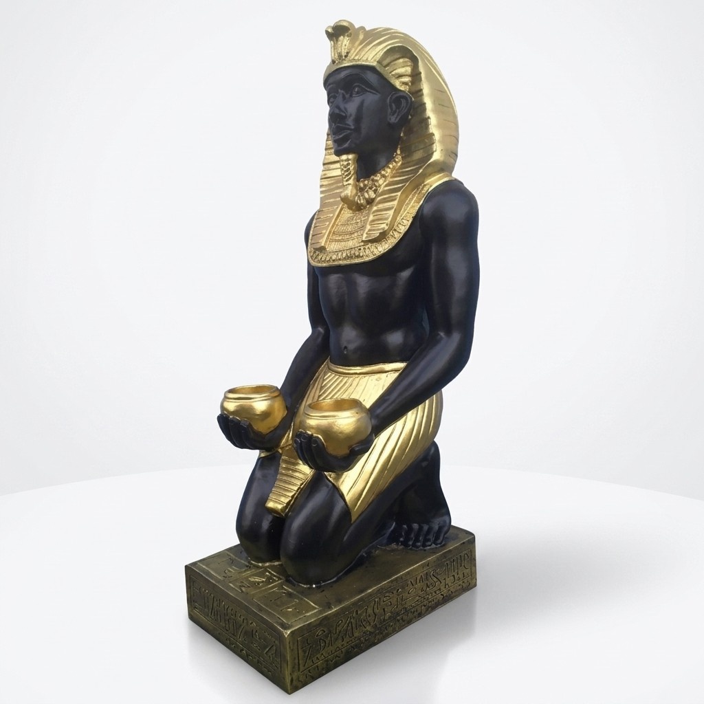 Decorative ancient egyptian golden black sitting pharaoh figure with two golden cups 55cm