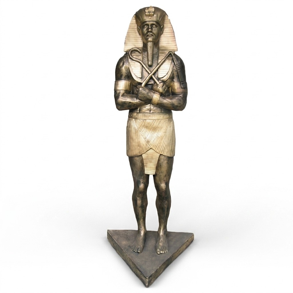 Decorative ancient egypt sculpture of golden Ramses II figure 190 cm height