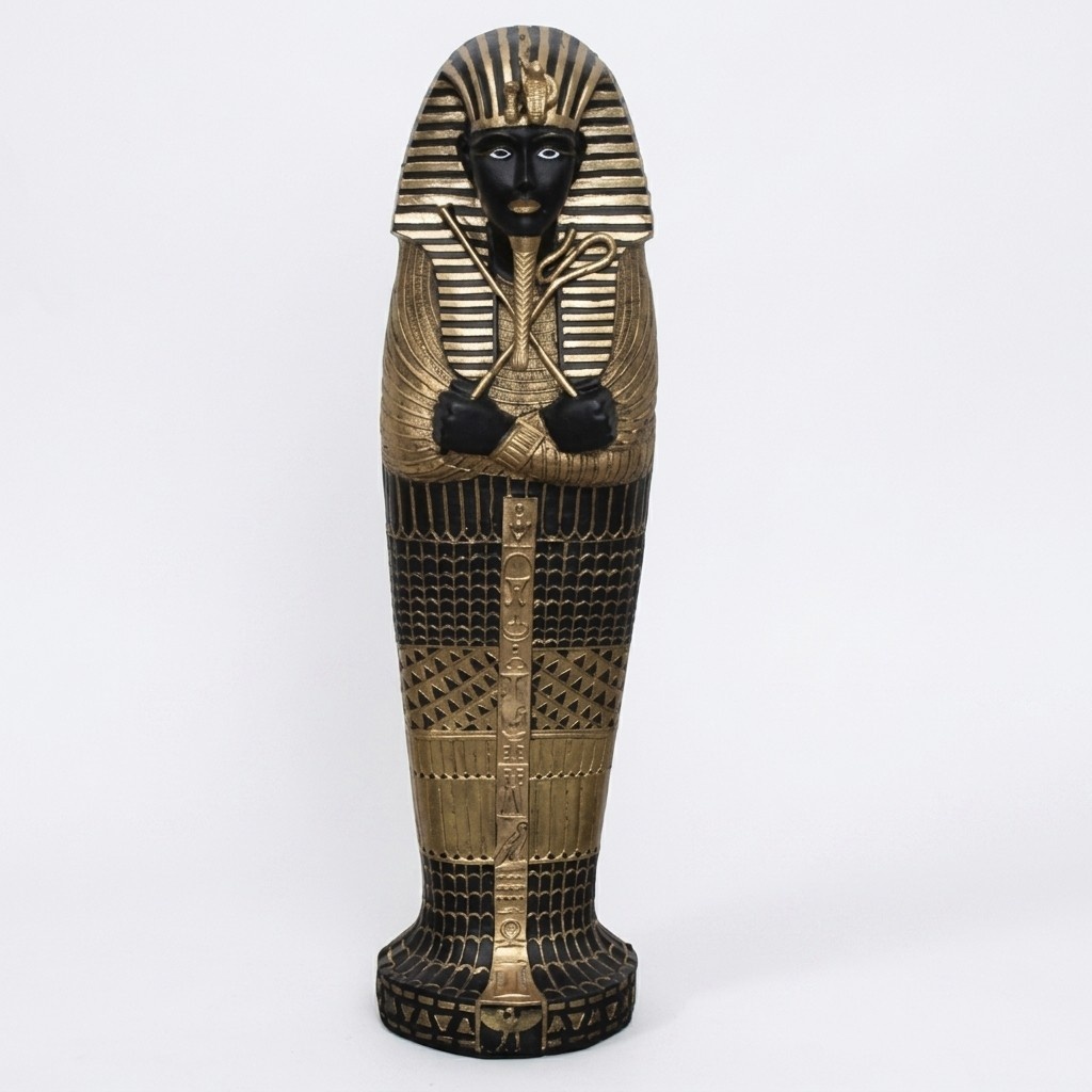 Ancient egyptian decorative sculpture designed as a golden black colored tutankhamun sarcophagus 117cm