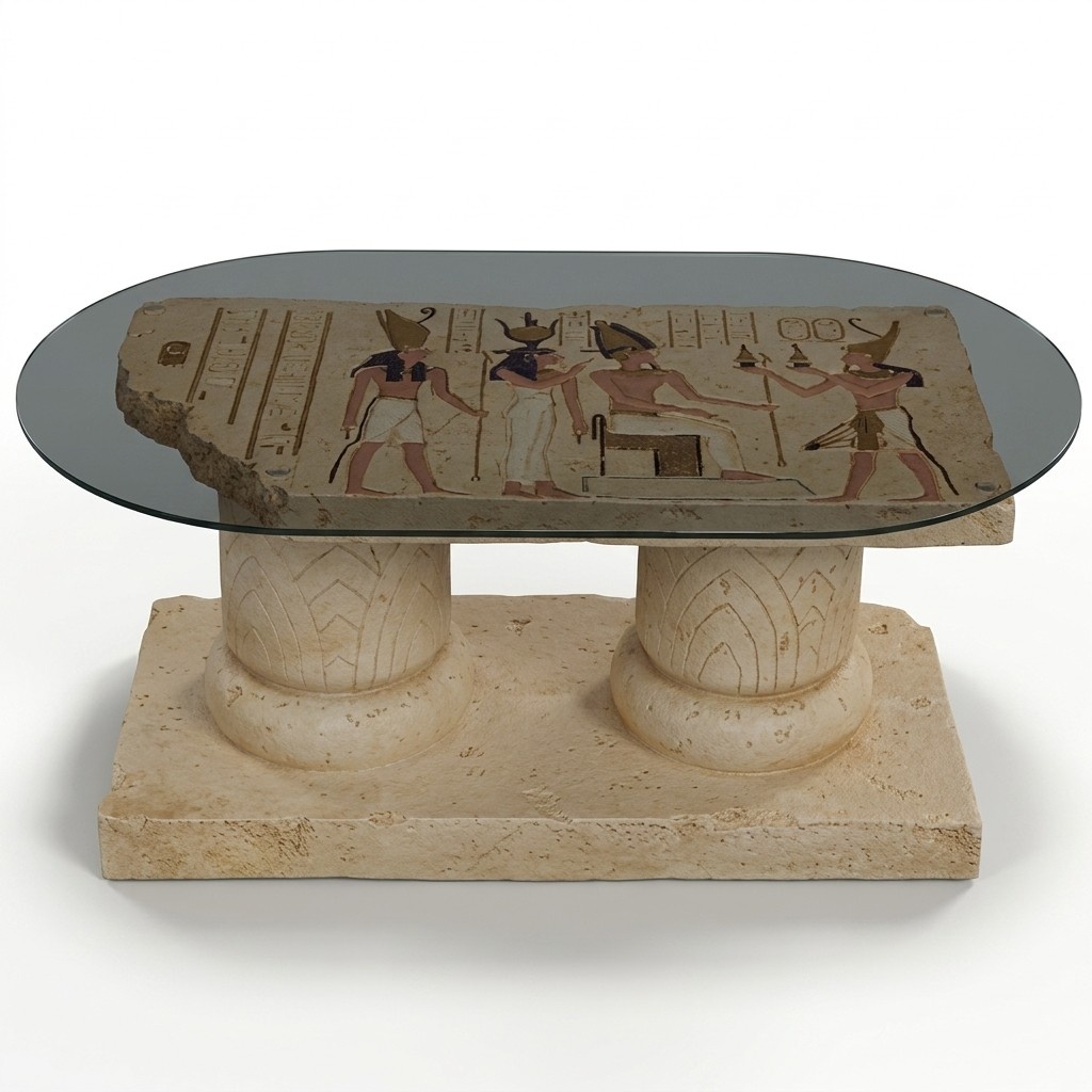 Oval coffee table decorated with ancient egyptian hieroglyphs 45cm