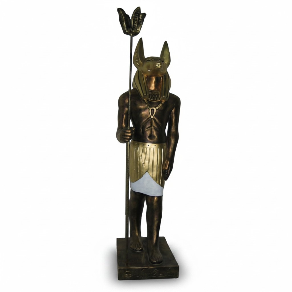Ancient egyptian decorative sculpture of brown anubis with golden decorations 135 cm