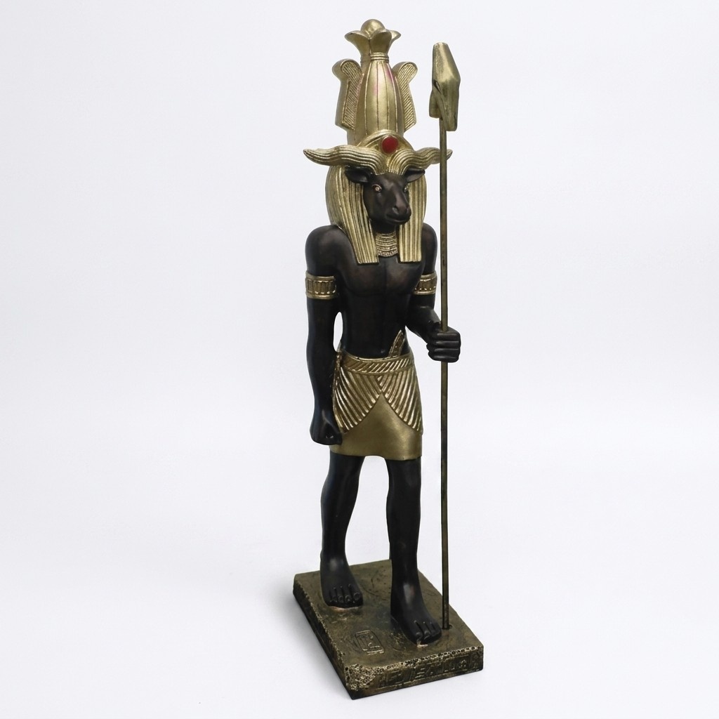 Ancient egyptian decorative figure of brown colored goddess khum with golden decorations 40cm