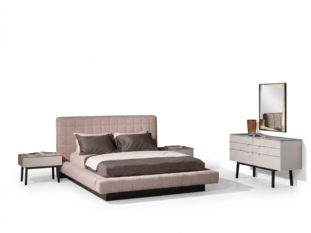 Elegant 3-piece bedroom set made of wood and glass in beige.