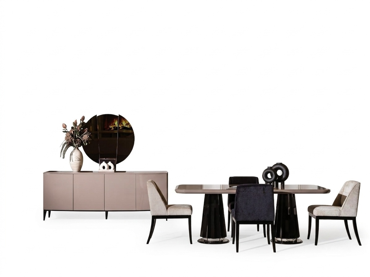 Elegant 7-piece dining room set in beige made of wood and glass.