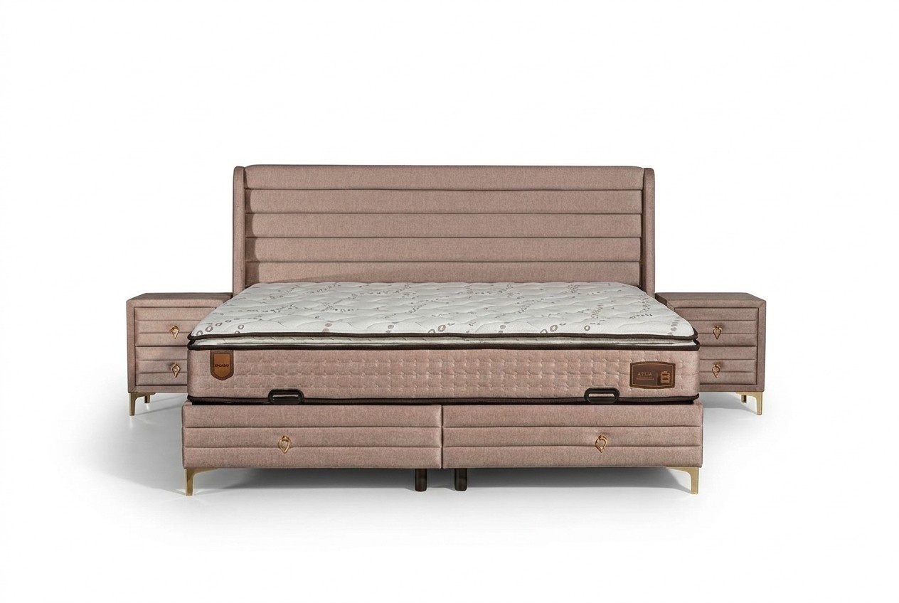Elegant bed with mattress in beige textile and stainless steel.