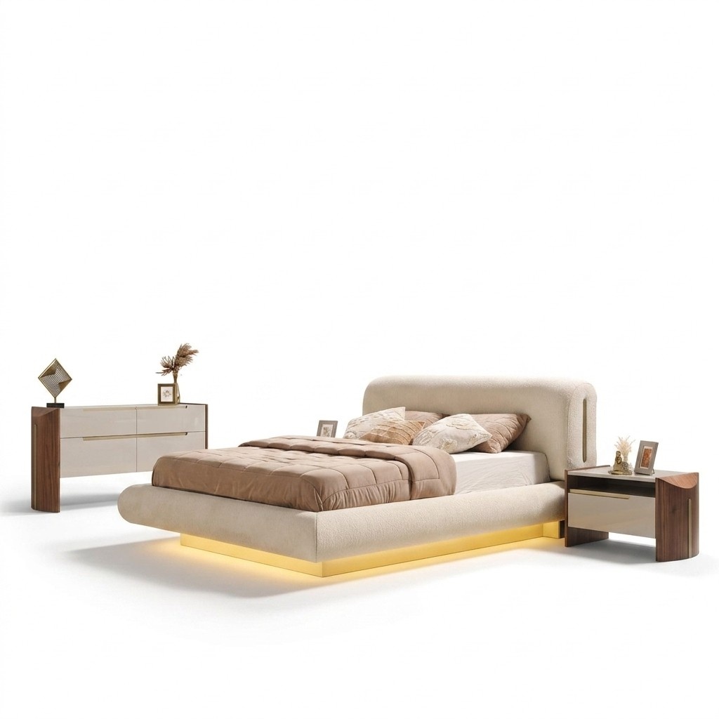 Elegant bedroom set in beige made of wood with a mirror.