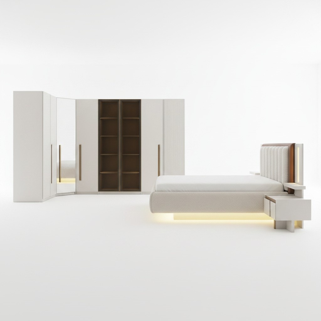 Elegant bedroom set made of wood in beige tones with a stylish...