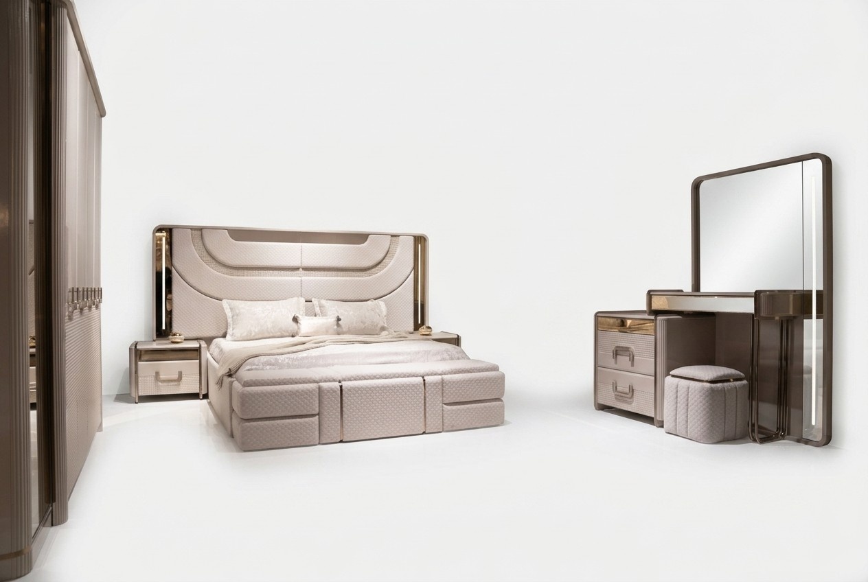 Elegant wooden bedroom set in beige with bed and nightstands.