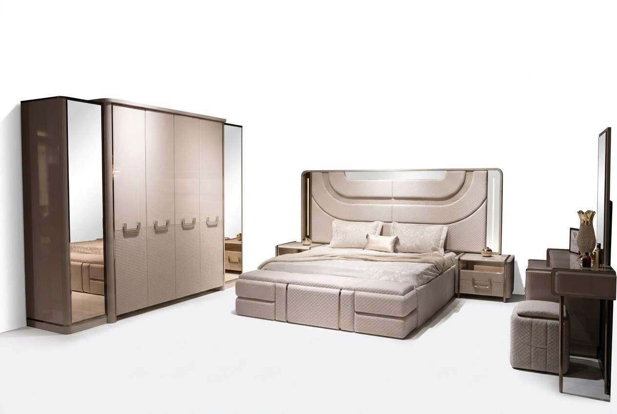 Elegant wooden bedroom set in beige with a modern design.