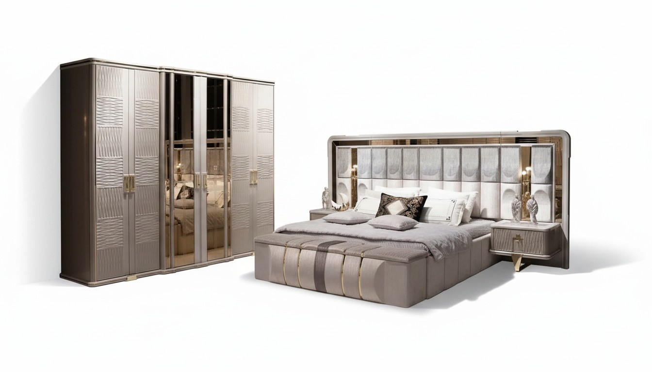 Elegant wooden bedroom set in beige with a modern design.