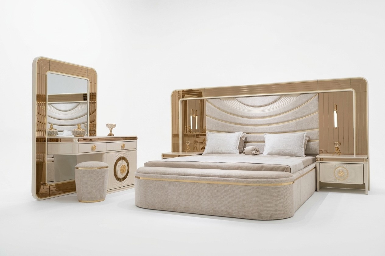 Elegant wooden bedroom set in white with nightstands.