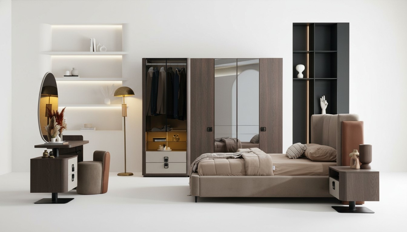 Elegant wooden bedroom set in brown with stylish design.