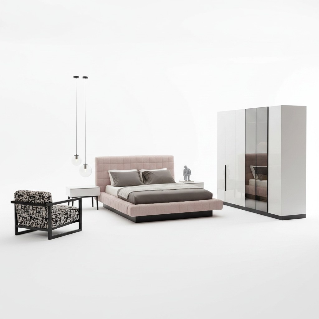 Elegant beige bedroom set made of wood and fabric.