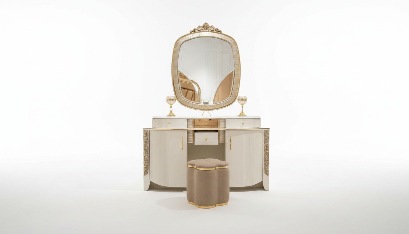 Elegant beige wooden vanity table with pouffe for the bedroom.