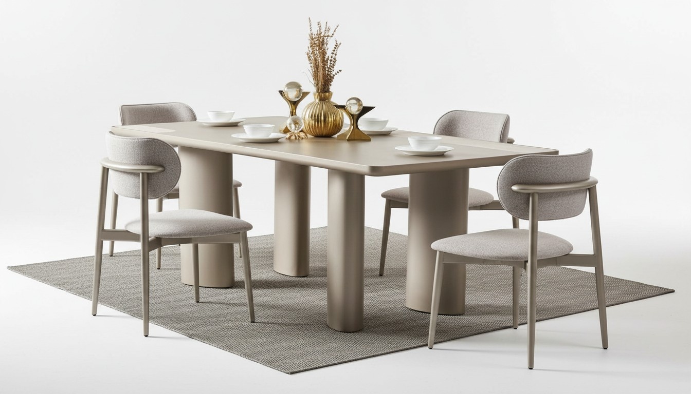 Elegant beige dining table with wooden legs and 4 fabric chairs.