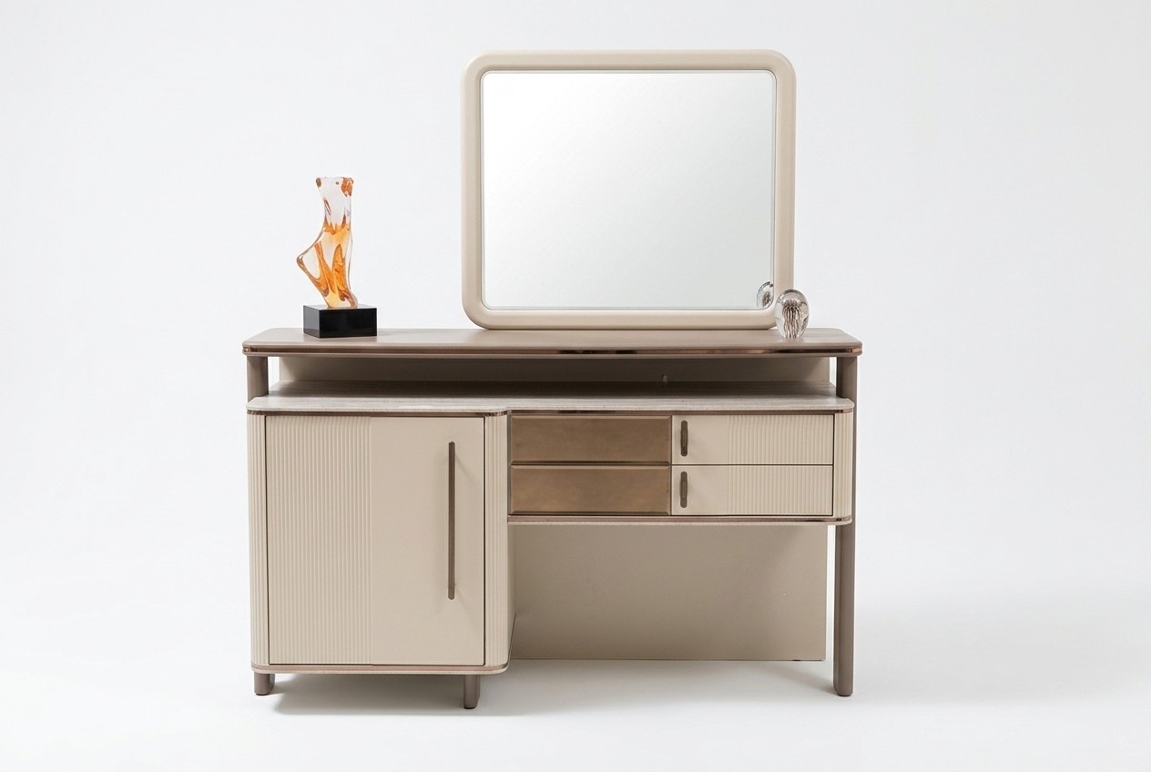 Elegant beige wooden vanity table with mirror.