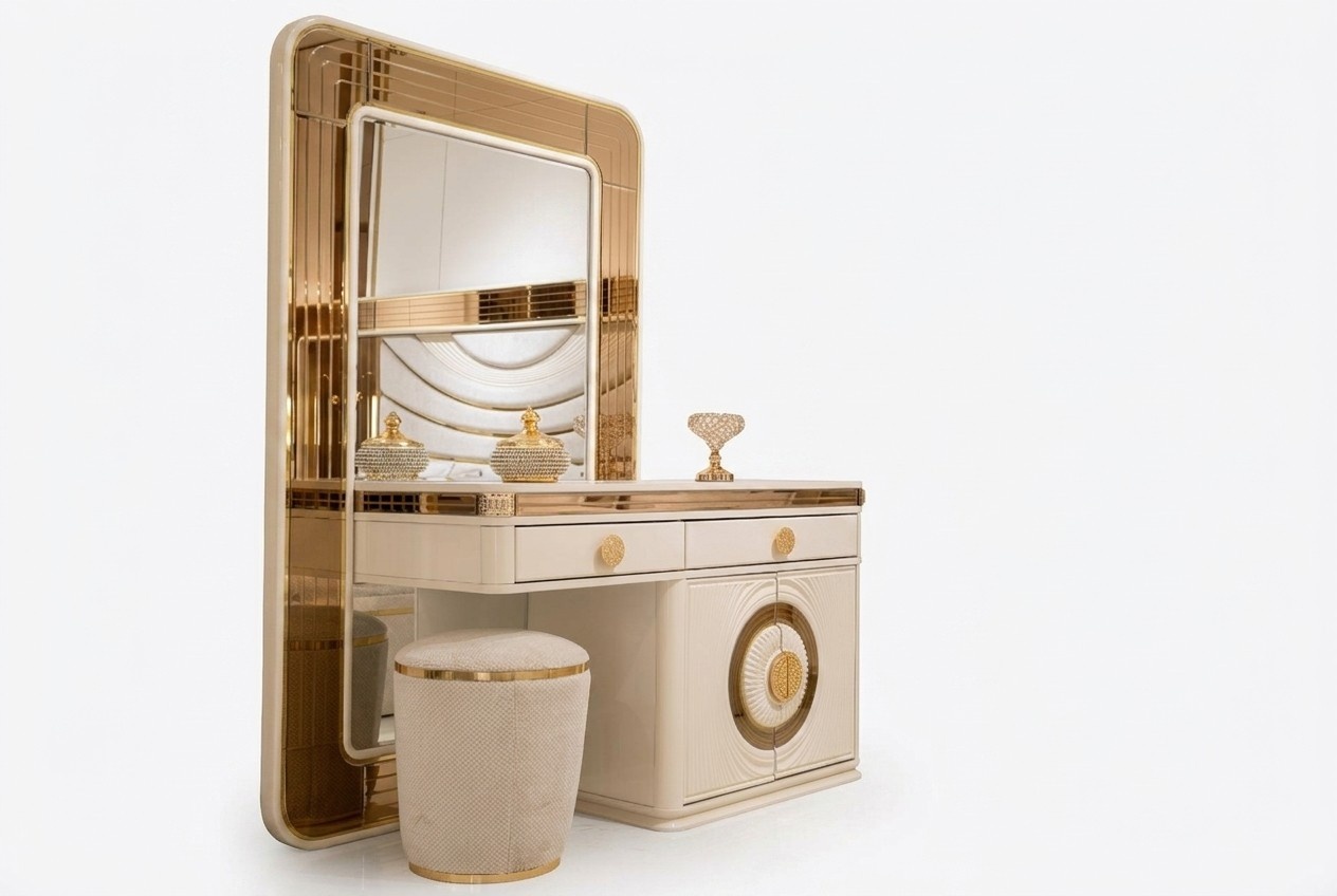 Elegant beige wooden vanity table with mirror and stool.